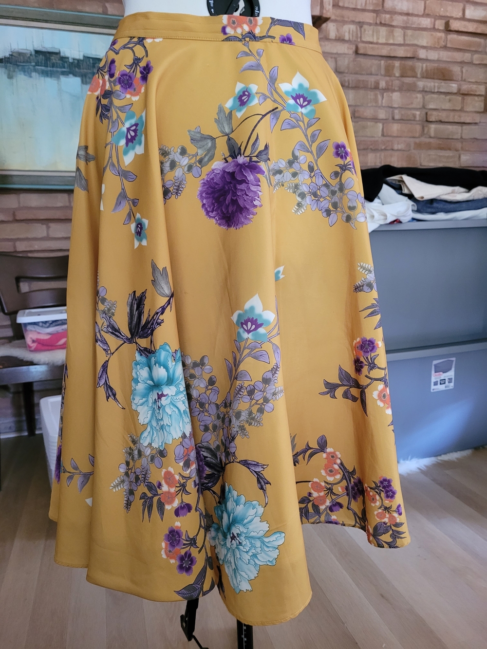 Golden Satin Floral Circle Skirt with Teal and Purple Blooms Sz 1x